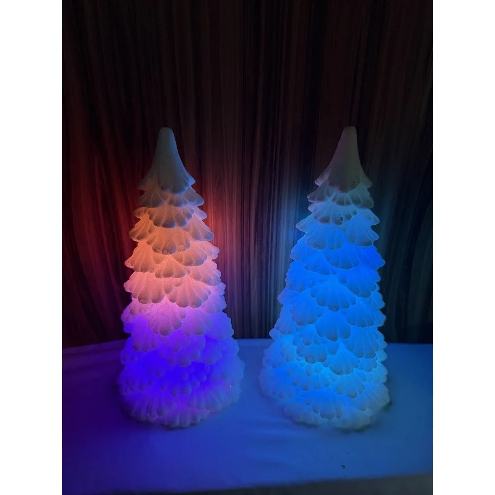 Set of 2 Lighted Color Changing LED Christmas Trees Glitter White Battery Operat